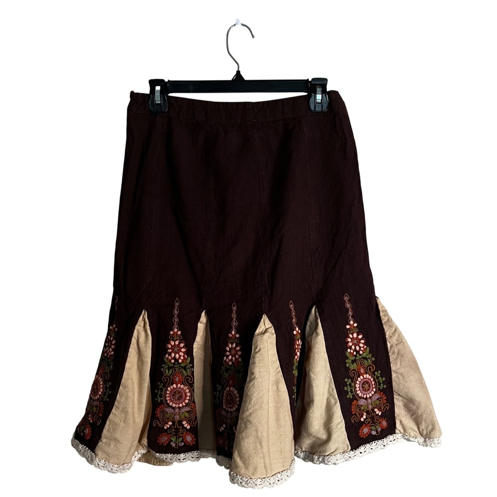 AND Brown Linen Blend Embroidered Godet Midi Skirt Lace Trim Boho Cottagecore
